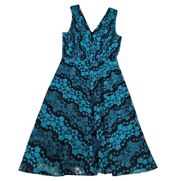 Donna Karan DKNY Floral‎ Lace Fit & Flare Cocktail Dress Black Aqua Green Size 6 - Picture 3 of 11
